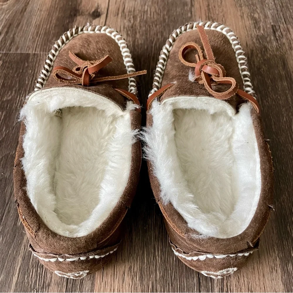 Lam Brown Suede Slippers Size 12 Toddler Faux Fur Lining Moccasins House Shoes